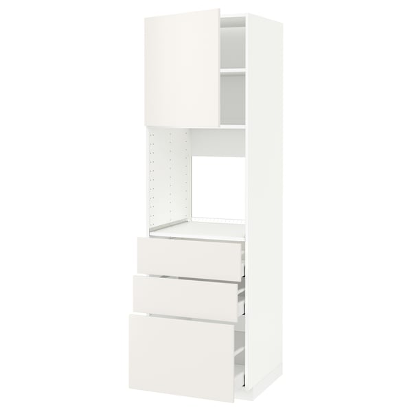 White METOD kitchen unit with three drawers and a cabinet.