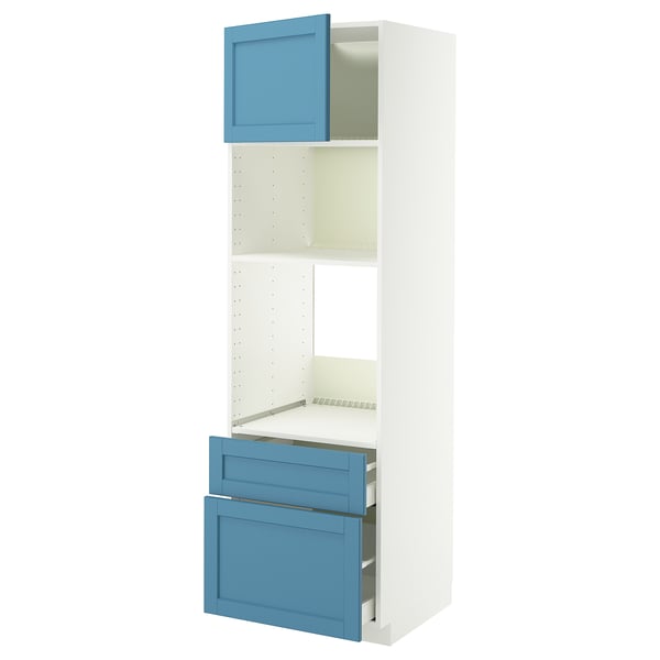 A white METOD kitchen cabinet with blue drawers and door. It has two shelves, one adjustable, and is tall and rectangular.