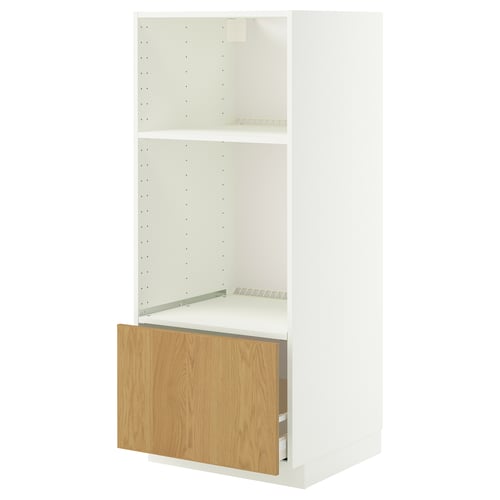 A METOD kitchen unit, white with an oak drawer. Its rectangular, featuring shelves and a ventilated bottom compartment.