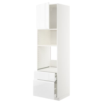 White METOD kitchen unit: tall, sleek, modern, high-gloss finish, adjustable shelves, smooth drawer.