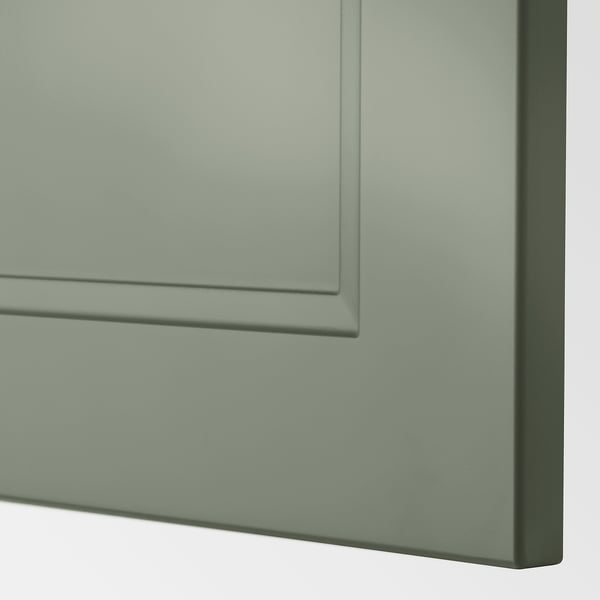 Close-up of modern, smooth cabinet doors in sleek grey-green finish. High-quality, minimalist design with clean lines.