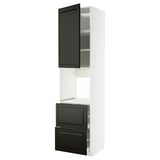 Modern white kitchen unit with black drawers & doors, sleek design.