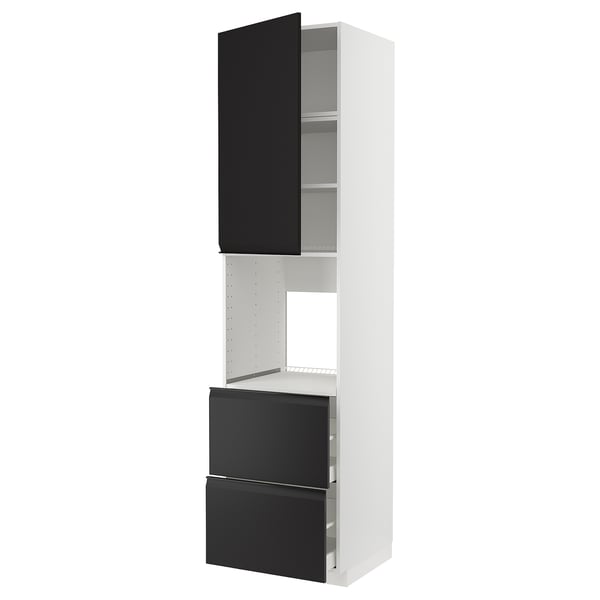 Modern kitchen unit: white cabinet with matte black doors, drawers, and integrated handles.