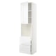 Modern white high gloss kitchen unit, tall with drawers and shelves.