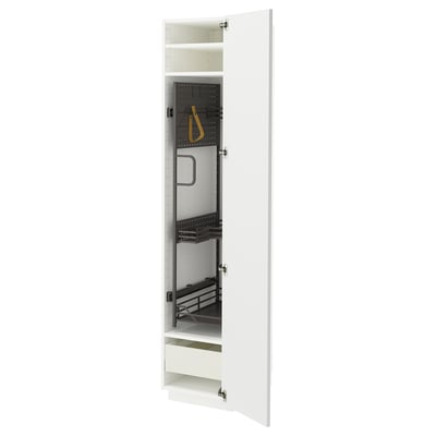 A white METOD kitchen cabinet with a mirrored door, containing shelves and drawers.