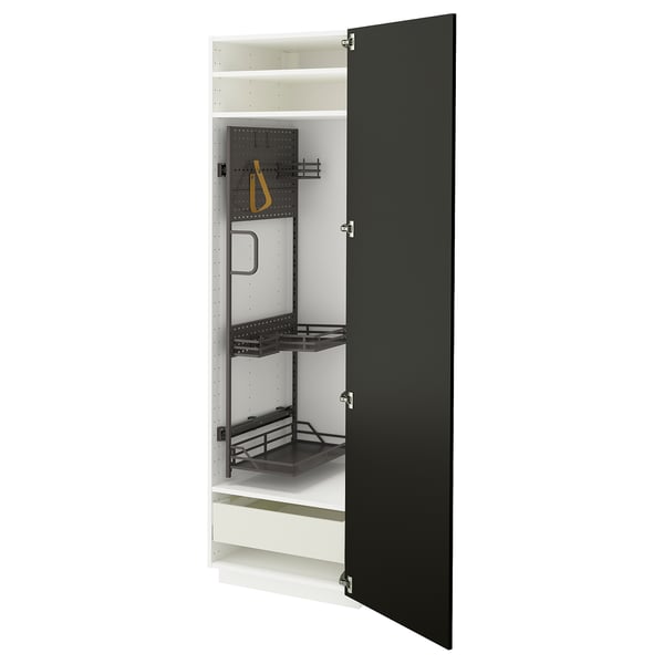 Grey kitchen cabinet with open door, pegboard & shelves inside.