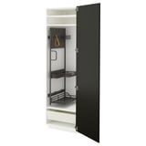 Grey kitchen cabinet with open door, pegboard & shelves inside.