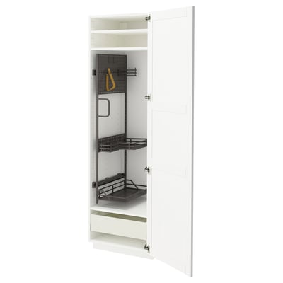 Open white METOD cabinet, black shelves, drawer with handle.