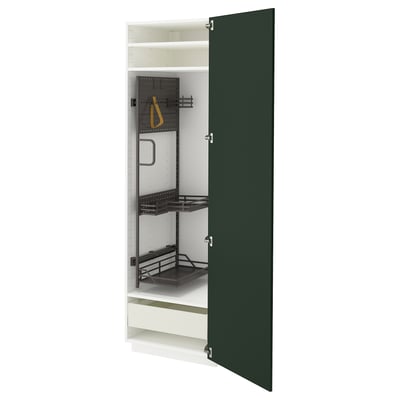This image shows an open green METOD kitchen cabinet with adjustable shelves and a pull-out drawer.
