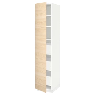White METOD tall storage cabinet with light ash wooden door, adjustable shelves.