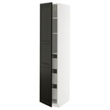 Modern white cabinet with black door, adjustable shelves, sleek design.
