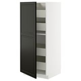 Modern kitchen cabinet, METOD brand, white with black door, rectangular, sleek design, open showing adjustable shelves and smooth-close drawer.