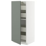 Modern grey-green kitchen cabinet with multiple drawers and shelves.