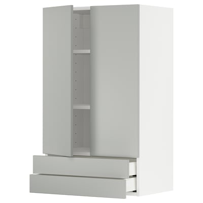 Modern light grey kitchen cabinet with two drawers and a large shelf area.