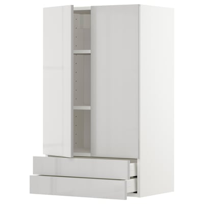 Modern white kitchen cabinet with glossy finish, two drawers, and a door. Perfect for contemporary design.