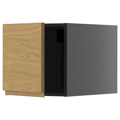 Horizontal kitchen cabinet: wooden front, gray right side, square shape.