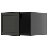 Black METOD kitchen cabinet with one open door, dark gray color, rectangular shape, modern design.