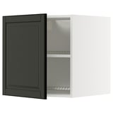 Modern black cabinet with white interior, adjustable shelves, sleek design.