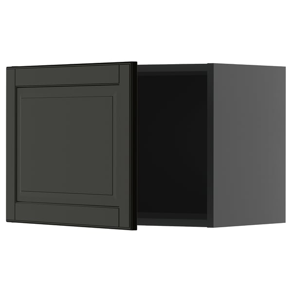 Gray kitchen cabinet, open door. Character count: 23