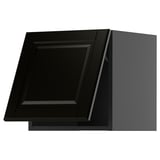 Black kitchen cabinet with glossy finish, angled view, sleek modern design, high contrast edges.