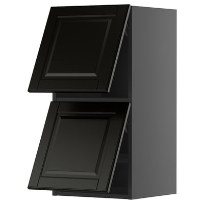 Modern black kitchen cabinet with two doors, sleek design, grey body, metallic hardware.
