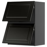Black kitchen cabinet set with beveled edges and 2 open drawers.
