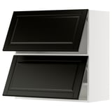 Black, modern kitchen cabinet set with beveled edges.