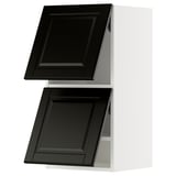 Black modern kitchen cabinets with beveled edges.