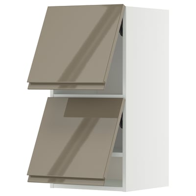 Modern kitchen cabinet, light brown gloss, rectangular, with sleek handles, metallic finish.