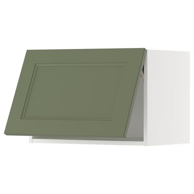 Green kitchen cabinet, flat-panel design, recycled plastic front, rectangular shape.
