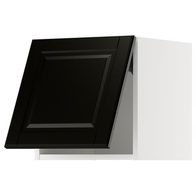 Black kitchen cabinet with beveled edges and sleek design.
