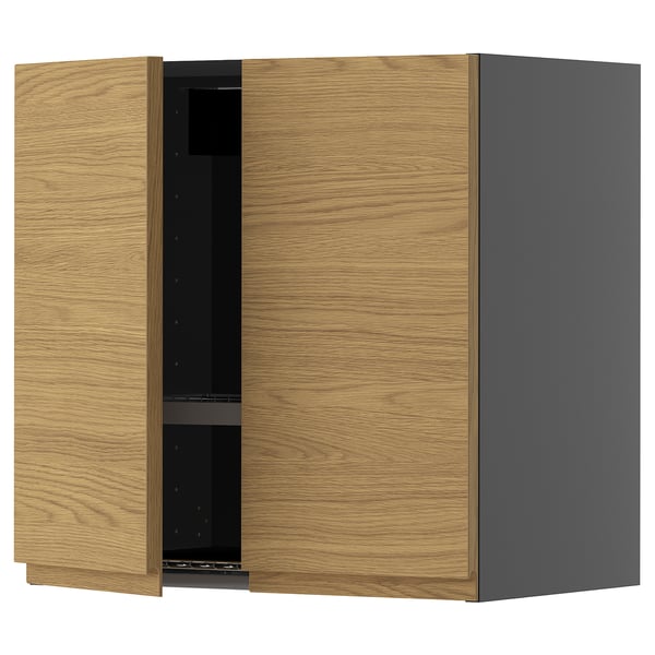 METOD kitchen cabinet in oak and gray with minimalist design and two openable doors.