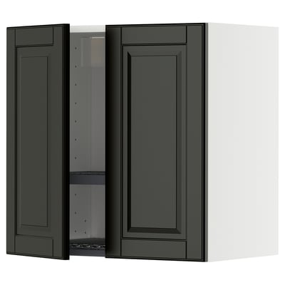 Dark grey wall cabinet, modern design, adjustable shelf, beveled edges.