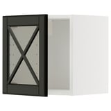 Modern kitchen setup with black framed glass doors featuring x design.