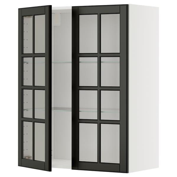 Modern black glass-door cabinet with beveled edges, offering a sleek, sophisticated look for organizing and displaying items.