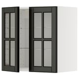 Dark glass-fronted cabinet, white sides, three shelves visible, sleek modern design.