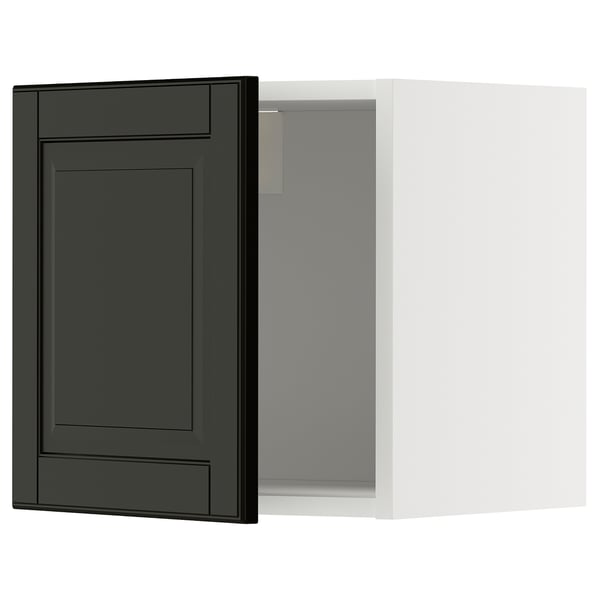 Black beveled drawer, white cabinet, square design.