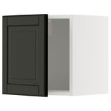 Black beveled drawer, white cabinet, square design.