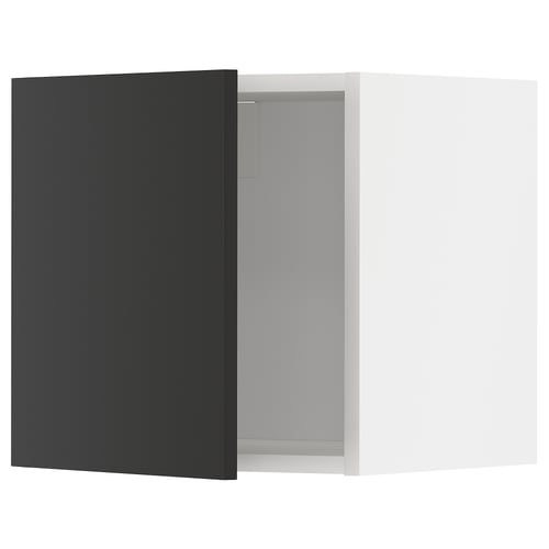 This image shows a modern black kitchen cabinet from the METOD system, featuring snap-on hinges, and an 18 mm thick frame.