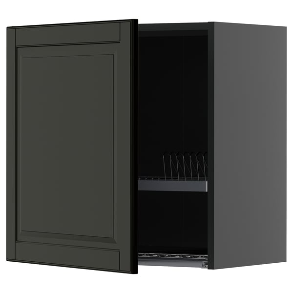 Dark green wall-mounted kitchen cabinet with one door open, revealing wire dish racks inside.