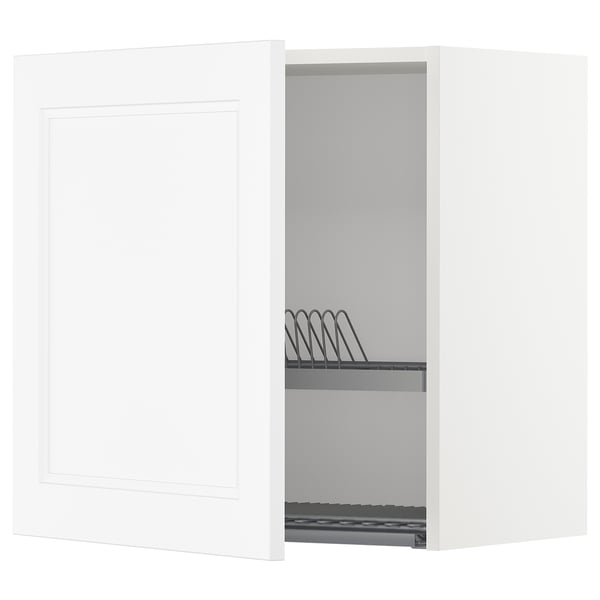 A white METOD kitchen wall cabinet with an open door revealing a dish drainer inside.