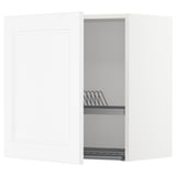 A white METOD kitchen wall cabinet with an open door revealing a dish drainer inside.