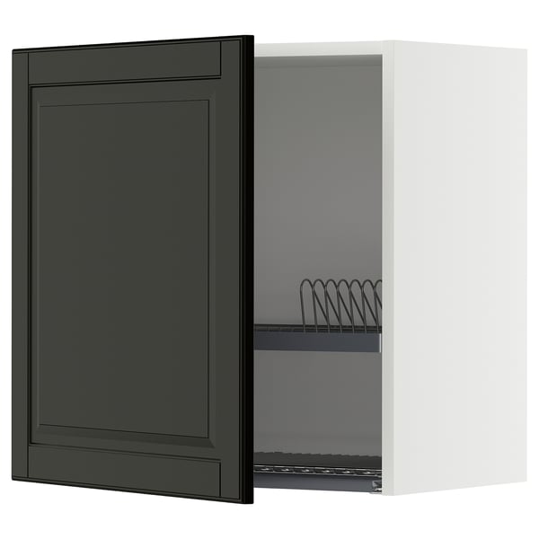Modern black kitchen cabinet with beveled edges, white interior and adjustable shelf.