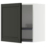 Modern black kitchen cabinet with beveled edges, white interior and adjustable shelf.