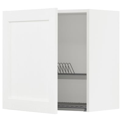 METOD white kitchen cabinet in classic design, featuring adjustable shelves and dish drainer, with detailed interior parts.