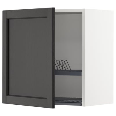 An open dark gray wooden cabinet with a wire shelf.