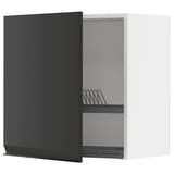 Black METOD kitchen cabinet with open door, metal shelf and dish rack.