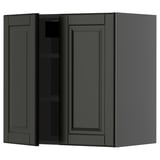 Black kitchen cabinet with single door open, modern design, dark gray finish, rectangular shape.