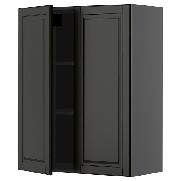 Dark gray kitchen cabinet with two doors, rectangular shape, modern design.