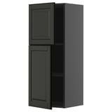 Dark gray, tall kitchen cabinet with two doors open, displaying shelves inside. Modern rectangular shape, sleek design with beveled edges.